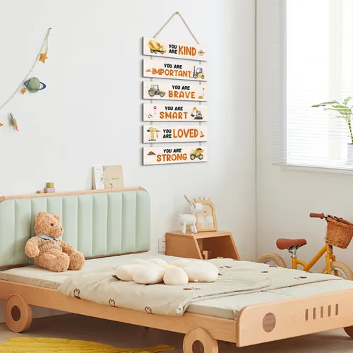 Miniatura 5 de HPNIUB Decoración de habitación de camiones de construcción para niños, con citas inspiradoras positivas, letrero de placa colgante, letrero