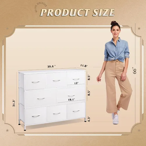Miniatura 3 de WLIVE Cómoda de 8 cajones para dormitorio, cómoda de tela blanca con gran unidad de cajones de almacenamiento para entrada, cómoda de cajones