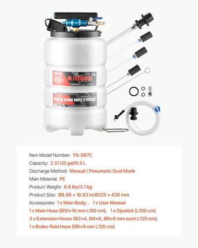 Miniatura 7 de VEVOR Extractor de fluidos, capacidad de 9.5 L, bomba extractora de aceite al vacío neumática/manual con caballo largo de 59 pulgadas y tres tubos