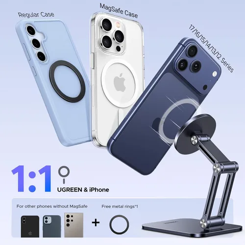 Miniatura 8 de UGREEN Soporte magnético para teléfono compatible con soporte MagSafe para escritorio, diseño ergonómico ajustable, soporte de aluminio para Gris