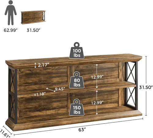 Miniatura 7 de Mesa de consola larga de 63 pulgadas con 3 niveles de almacenamiento para entrada, mesa de sofá de madera detrás del sofá para pasillo de sala