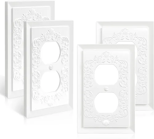 Cubiertas de toma de corriente de diseño en relieve de pétalo estilo clásico blanco moderno, placas de pared para receptáculo eléctrico dúplex,