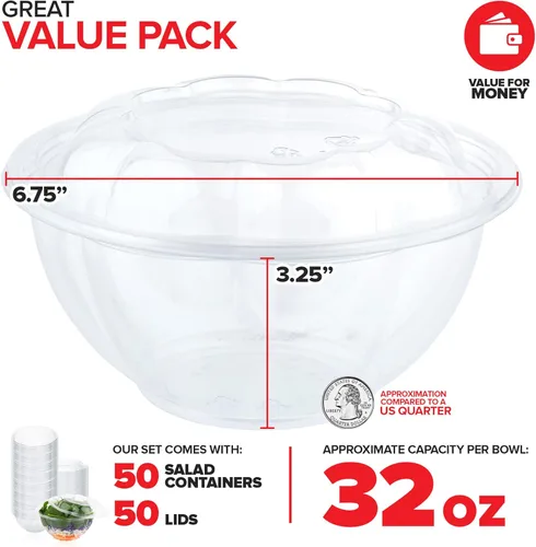 Miniatura 2 de Stock Your Home Tazones para ensaladas de plástico transparente de 32 onzas con tapas desechables (paquete de 50 unidades), recipiente mediano