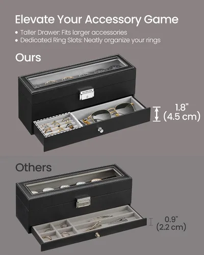 Miniatura 63 de SONGMICS UJWB012 - Caja de reloj de 12 ranuras, caja de reloj con cerradura con tapa de vidrio, 2 capas, con 1 cajón para anillos, pulseras, idea