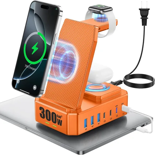 Miniatura 7 de Estación de carga de 300W para múltiples dispositivos Apple, cargador inalámbrico 10 en 1 para iPhone, soporte de carga rápida PD 65W USB C GaN III