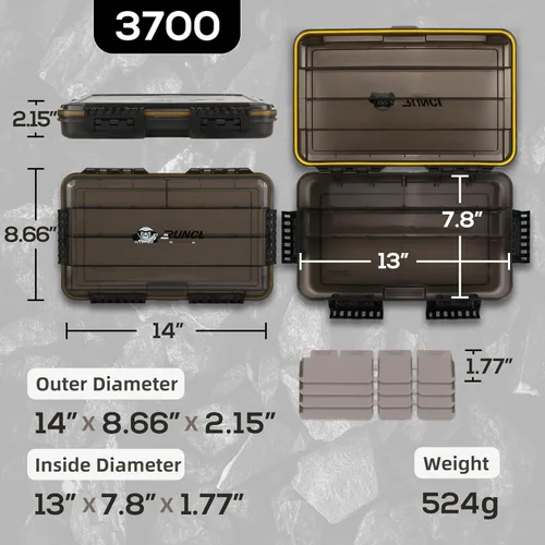 Miniatura 4 de RUNCL Caja de aparejos de pesca, impermeable, hermética, caja de aparejos de bandeja 3600/3700 con separadores ajustables, protección solar, marco 2