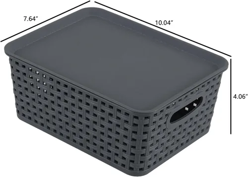 Miniatura 3 de Paquete de 6 cestas pequeñas de plástico, cesta de almacenamiento tejida con tapa, apilable, color gris