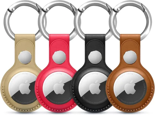 Paquete de 4 llaveros de cuero compatibles con Apple AirTag – Fundas protectoras AirTag de alta calidad con llaveros de metal para llaves, bolsos,