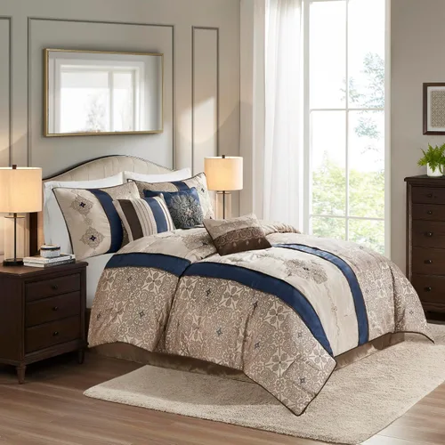 Madison Park Edredón de seda sintética, diseño tradicional de jacquard lujoso para todas las estaciones, falda de cama a juego, almohadas