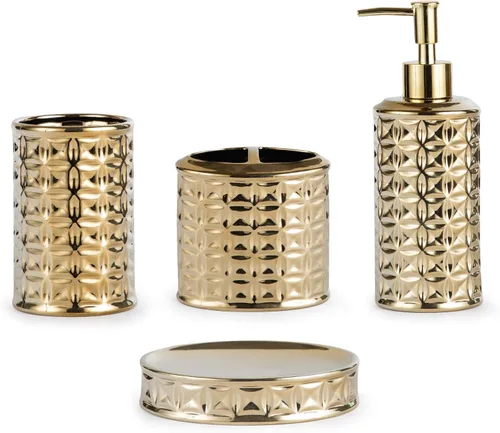 Juego de accesorios de baño dorados, 4 piezas de cerámica para decoración de baño, incluye dispensador de loción, soporte para cepillos de dientes,