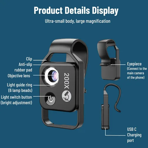Miniatura 7 de Diyeeni Microscopios de bolsillo para teléfono, 200X Zoom Clip en Microscopios Lupa con lente CPL y luz LED, lente microscópica portátil