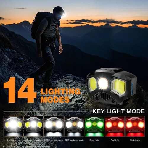 Miniatura 3 de HOKOILN Linterna frontal recargable de 1400 lúmenes, lámpara LED roja verde blanca para caza y pesca, faro con sensor de movimiento con 14 modos