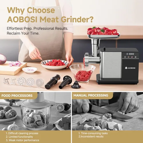 Miniatura 6 de AAOBOSI Picadora de carne eléctrica de 3000 W máx. con pantalla táctil a color, inversión automática y almacenamiento integrado, 3 ajustes