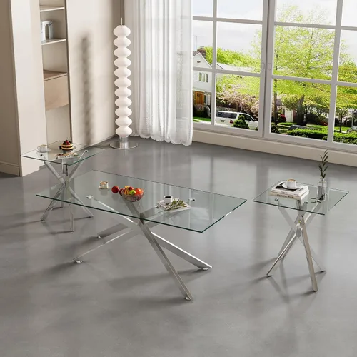 Miniatura 10 de IANIYA Juego de sala de estar, mesa de centro de cristal y 2 mesas auxiliares con diseño moderno, juego de 3