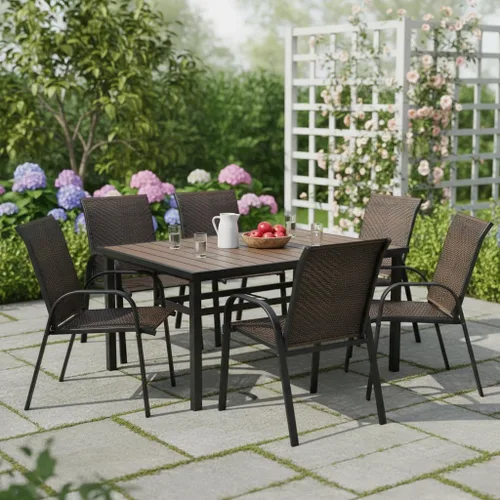 Miniatura 5 de Tangkula Juego de 6 sillas de comedor apilables de mimbre para patio, sillas de comedor de ratán de polietileno para exteriores con marco de metal