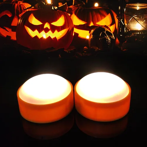 Paquete de 2 luces de calabaza de Halloween con control remoto/temporizador, velas LED que funcionan con pilas, luces naranjas sin llama, velas
