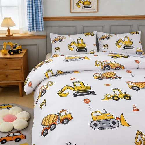 Miniatura 4 de ZRNBAST Juego de ropa de cama individual para niños y niños, beige, con diseño de coches de dibujos animados, excavadora, tractor, juego de edredón