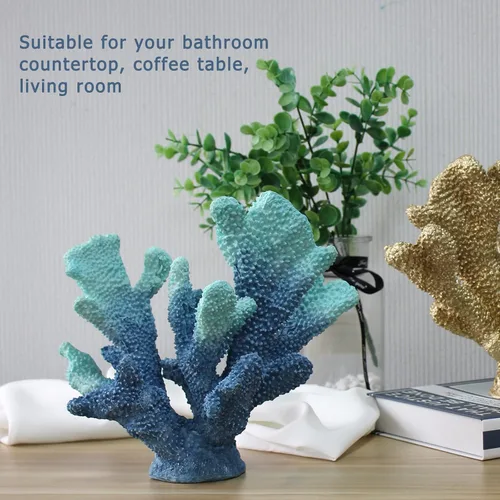 Miniatura 3 de Decoración de coral azul, estatua artificial de arrecife de coral, decoración náutica de mesa para sala de estar y hogar (7.8 pulgadas de alto)