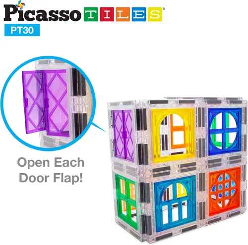Miniatura 4 de PicassoTiles Juego de 30 azulejos magnéticos + 100 piezas de azulejos + 4 figuras de acción familiar, clip de ventana y puerta en azulejos