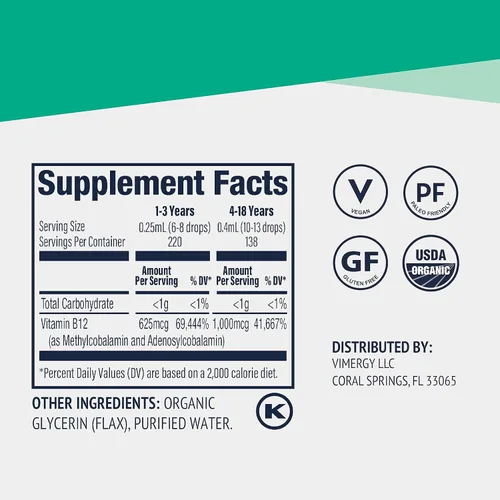 Miniatura 5 de Vimergy Kids USDA Organic Liquid B12 - Promueve el desarrollo físico y la función cognitiva* - Apoyo inmunológico de absorción rápida* - Vegano, sin