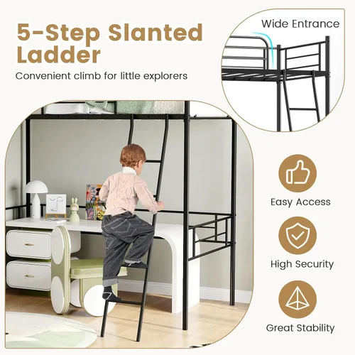 Miniatura 6 de KOMFOTT Cama tipo loft de metal tamaño individual, base de cama alta con escalera, barandilla de seguridad, litera loft que ahorra espacio