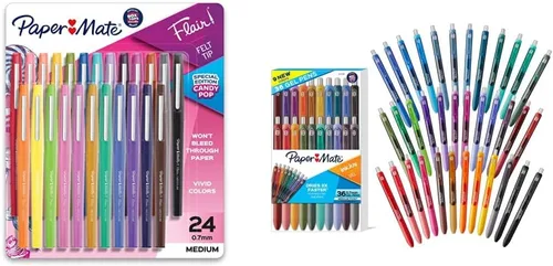 Paper Mate Flair Bolígrafos de punta de fieltro, punta media, paquete Candy Pop de edición limitada, 24 unidades (1979425) y bolígrafos de gel,