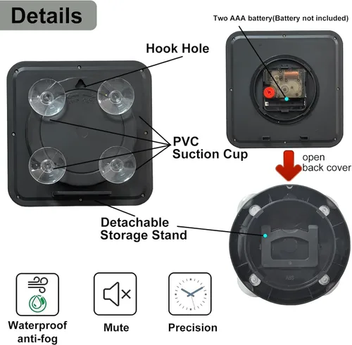 Miniatura 2 de Reloj de pared impermeable para baño, reloj de pared negro para interiores con ventosa, movimiento de cuarzo, marco de plástico, opción flexible
