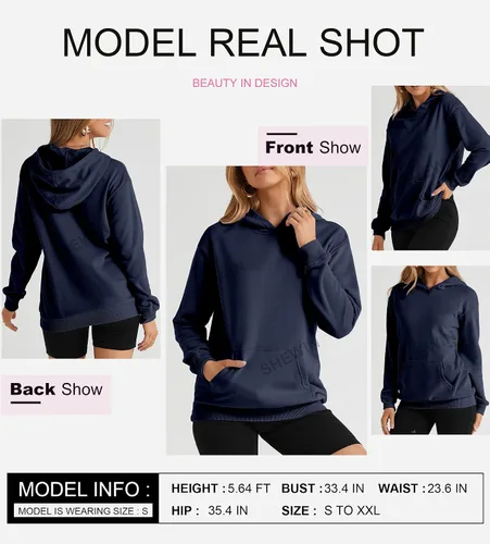 Miniatura 4 de SHEWIN - Sudadera casual con capucha de manga larga para mujer, ligera, color liso, holgada, con bolsillo