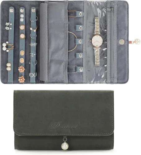 HOMEHIVE Rollo organizador de joyas de viaje plegable, exquisito organizador de joyas portátil para collares de viaje, anillos, aretes, relojes,