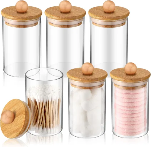 Paquete de 6 tarros de boticario de vidrio con tapas, accesorios de baño de bambú, bolas de algodón, almohadillas para hisopos, frascos de baño para