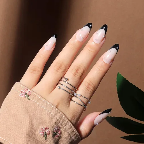 Miniatura 14 de 24 piezas de uñas postizas acrílicas de punta francesa, uñas de cobertura completa para mujeres, arte de salón en casa