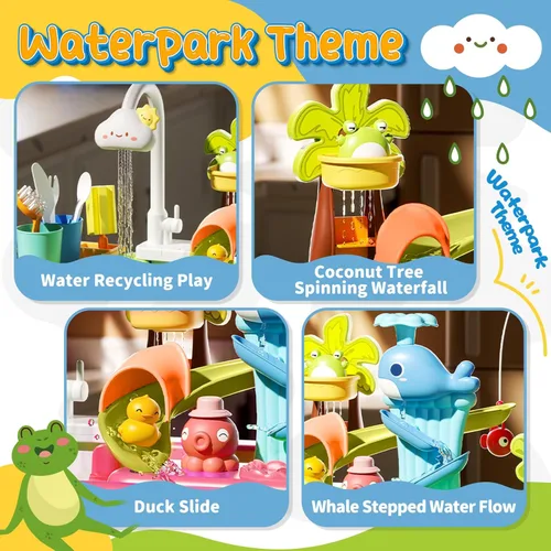 Miniatura 4 de Fregadero de Juego de 21" de Alto con Agua Corriente, Juguete de Fregadero de Cocina 4 en 1 para Niños con Grifo Eléctrico, Mini Mesa de Agua