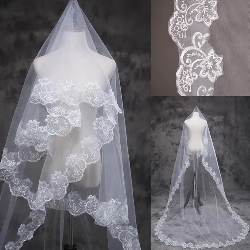 Miniatura 3 de auwiyd Velo de novia de 4.9 ft de encaje marfil largo velo catedral para mujeres y niñas, accesorios de boda, velo de encaje sin peine sin clip