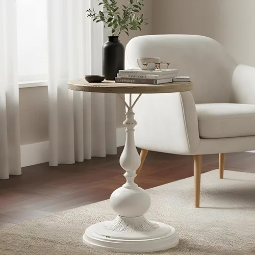 Miniatura 10 de Framhose - Mesa auxiliar redonda, mesa auxiliar pequeña con parte superior de madera y base negra, mesa de pedestal para sala de estar, esquinas