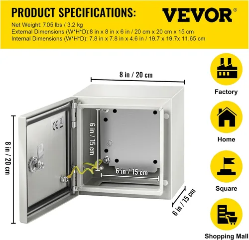 Miniatura 7 de VEVOR Caja de Acero NEMA, Caja Eléctrica de Acero NEMA 4X de 8 x 8 x 6 pulgadas, IP66 Impermeable y a Prueba de Polvo, Caja de Conexiones Eléctricas