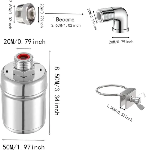 Miniatura 3 de Válvula de flotador de agua automática de acero inoxidable de 2 piezas, conexiones dobles de 1/2 pulgadas y 3/4 pulgadas, control de nivel de agua