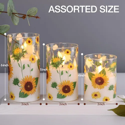 Miniatura 2 de Juego de 3 velas de pilar sin llama de vidrio de girasol con control remoto, velas LED parpadeantes para decoración del hogar de verano