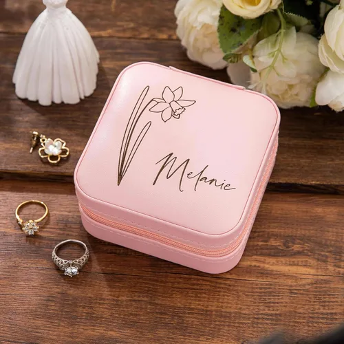 Miniatura 4 de iDWYN Joyero de cuero personalizado con nombre y flor de nacimiento, estuche organizador de viaje personalizado, regalos de cumpleaños para mamá