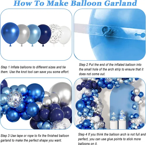 Miniatura 6 de Ouddy Life Kit de arco de guirnalda de 156 globos azules y plateados, azul marino, metálico, azul claro, plateado, blanco, confeti, para cumpleaños