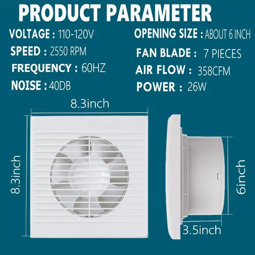 Miniatura 2 de Ventilador de escape de 6 pulgadas, ventilador de ventilación pequeño de montaje en pared de 26 W con interruptor, ventilador extractor