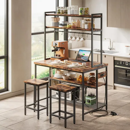 IRONCK Isla de cocina con taburetes, estante para panadería con almacenamiento y toma de corriente, mesa de café industrial para cocina, comedor,