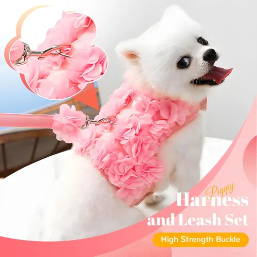 Miniatura 2 de Lindo arnés y correa para perros pequeños, arnés de encaje rosa floral para cachorros para perros pequeños, gatos, malla suave, chaleco para perro