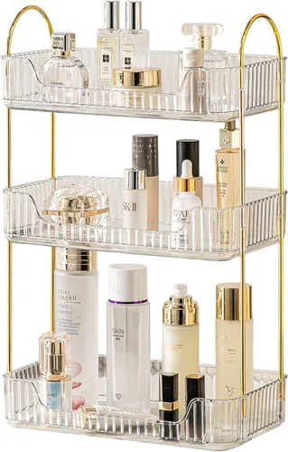 Miniatura 9 de Akinbas Organizador de baño de 3 niveles, bandeja de perfume de maquillaje, organizador de cuidado de la piel para tocador de baño (dorado)
