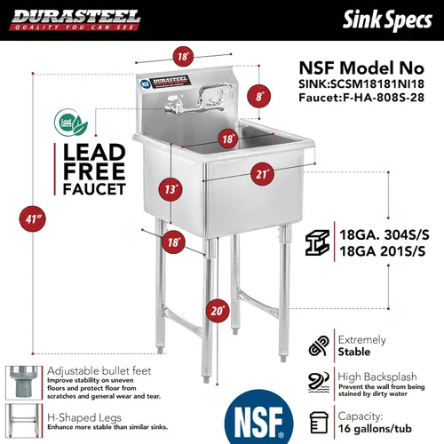 Miniatura 2 de DuraSteel 304 Fregadero Utilitario Comercial de Acero Inoxidable - 18 Pulgadas de Tubo Independiente, Fregadero de Preparación para Cocina con Grifo