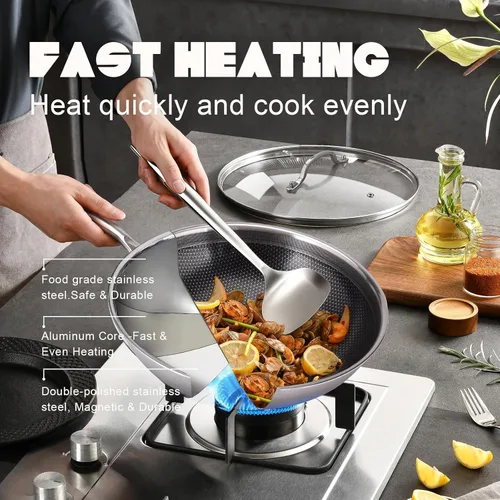Miniatura 5 de Wok híbrido de 13 pulgadas con tapa, woks de acero inoxidable y sartenes antiadherentes, sin PFOA, apto para lavavajillas y horno, compatible