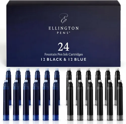 Ellington Pens Paquete de 24 repuestos de tinta para pluma estilográfica azul y negro, cartuchos de tamaño estándar internacional, tinta para pluma