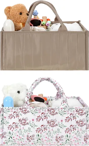 Shinylin Organizador de pañales de 2 piezas para recién nacidos, regalos para nuevas madres, elegante cesta de pañales marrón, margaritas pastorales