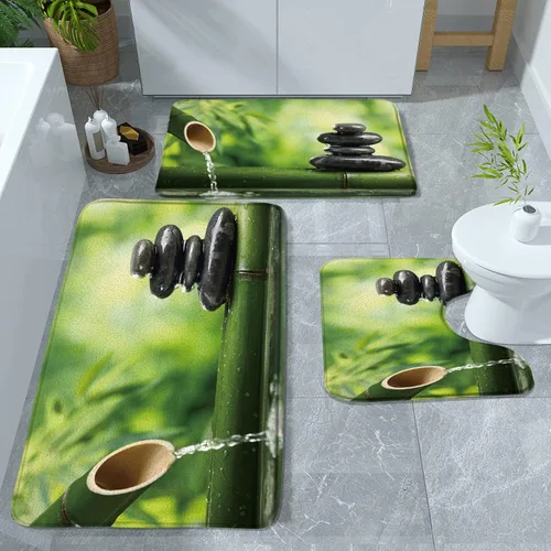 Juego de 3 tapetes de baño de jardín zen de bambú verde piedra negra con temática de spa de plantas que fluyen agua paisajes de baño, brida de