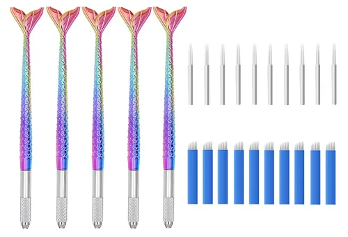XIAOYU 5 bolígrafos de microblading manuales de sirena, maquillaje permanente, hechos a mano, suministros con 10 agujas redondas y 10 agujas plateado