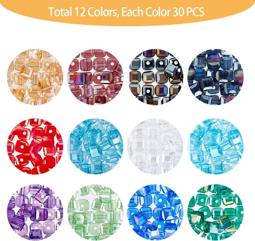 Miniatura 4 de PH PandaHall 360 cuentas de cristal en forma de cubo, 12 colores, cuentas galvanizadas facetadas de 0.236 in, cuentas sueltas para collares, aretes